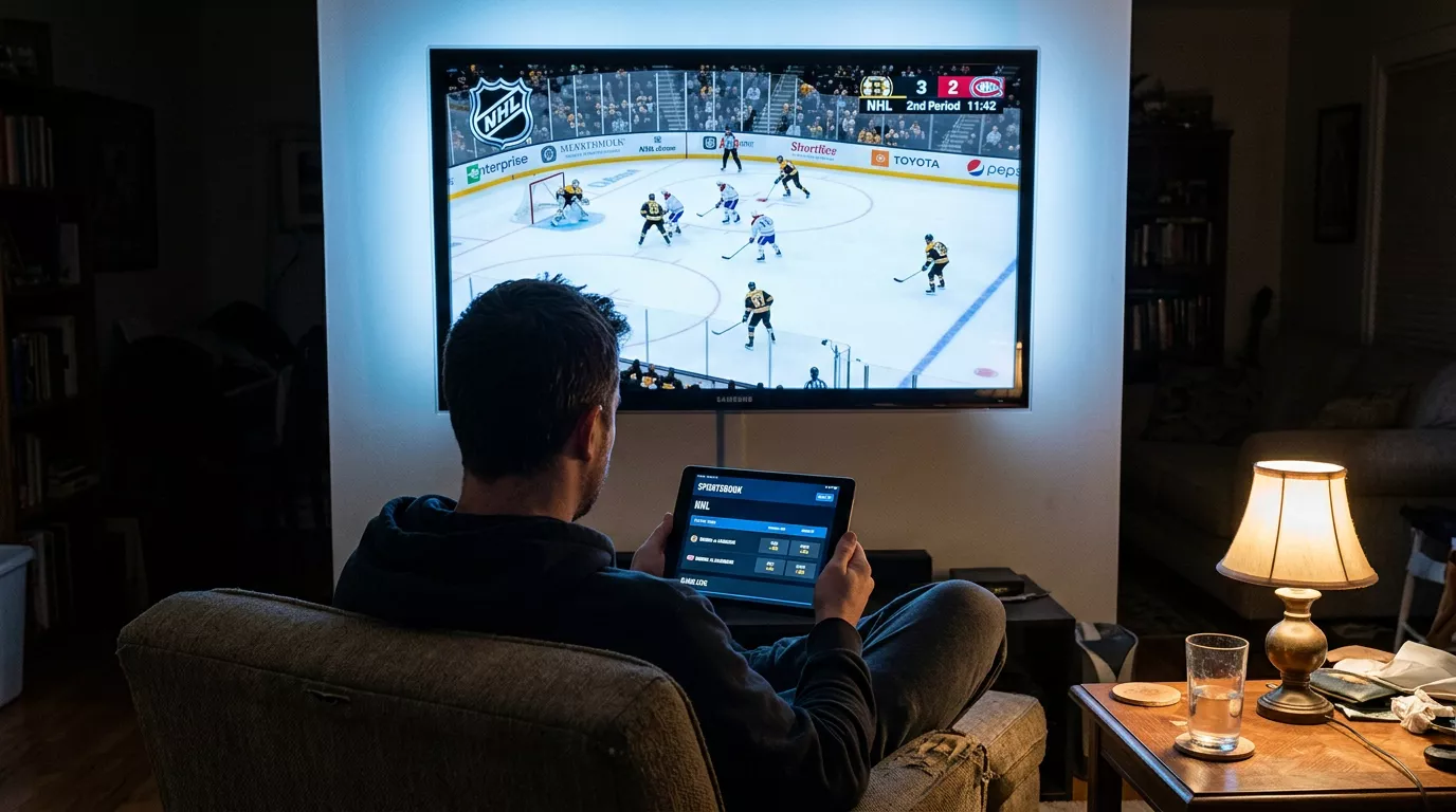 Pantalla de mercados de apuestas en la NHL mostrando opciones de moneyline, puck line y totales