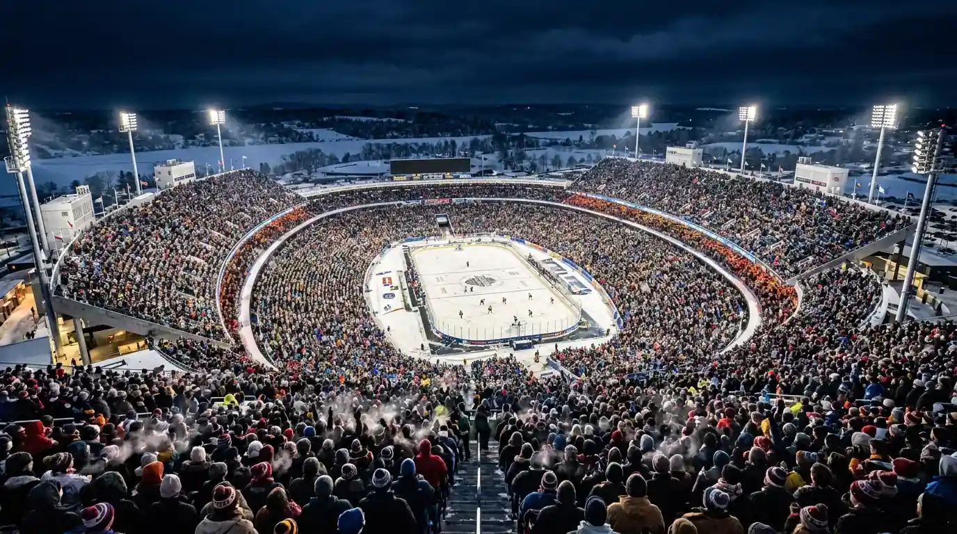 Estadio de la NHL durante el Stadium Series con miles de aficionados al hockey sobre hielo