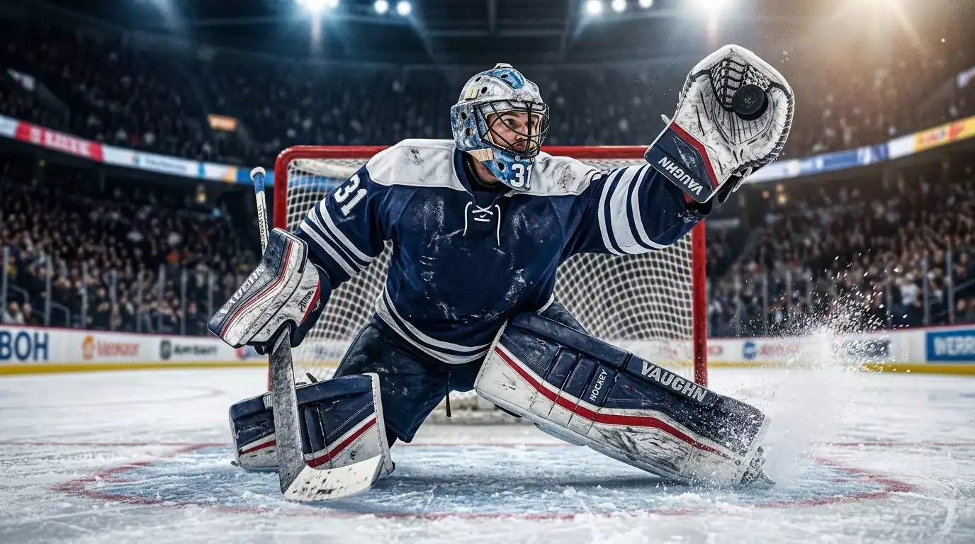 Portero de hockey sobre hielo en posición defensiva preparado para detener un tiro